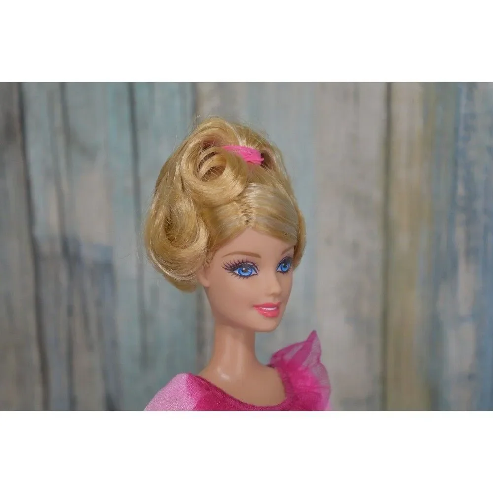 Barbie Doll Blonde Hair Updo Blue Eyes Pink Dress Ruffle Top Hearts Music Outfit